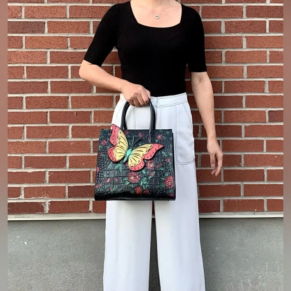 Hand Painted Genuine Leather Floral Embossed with 3D Butterfly Handbag